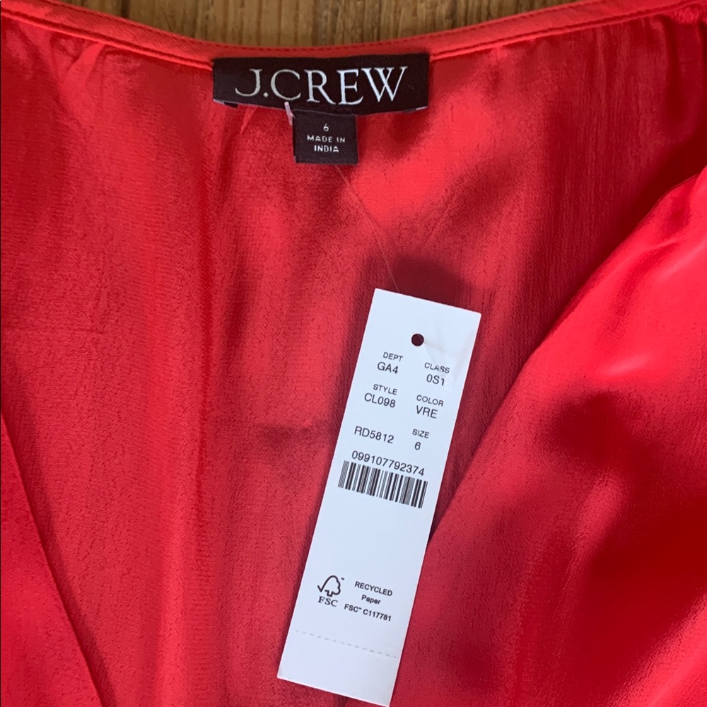 J Crew Smocked Trim Maxi Dress Red Crepe De Chine NWT Sz 6 Tie In Back - Picture 13 of 14